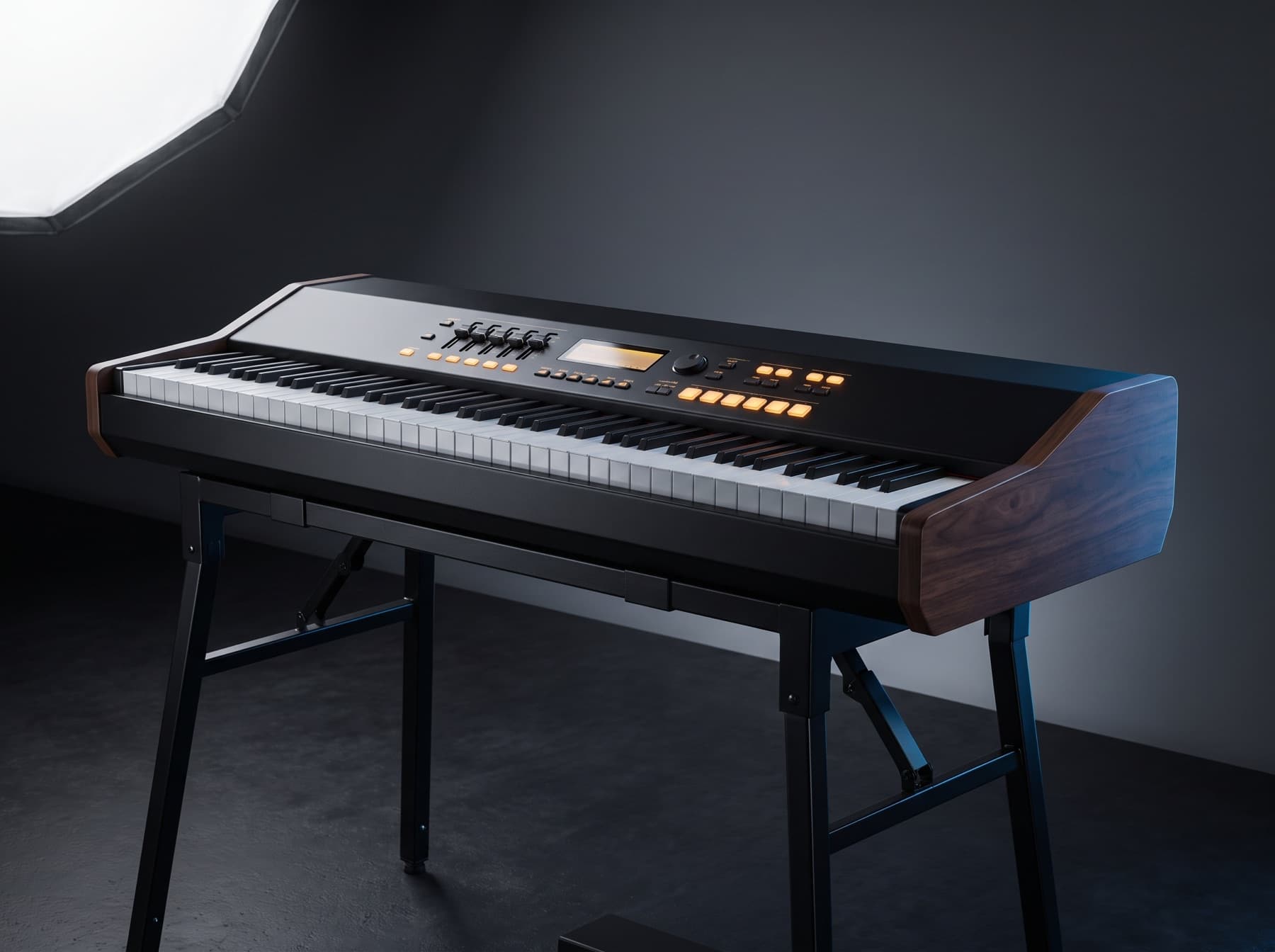 Piano de scène 88 touches monté sur son pied, panneau de commande éclairé, sur un plateau sombre